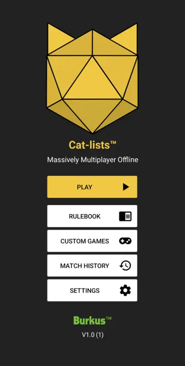 The homepage of the Catlists game running on a smartphone. The game's logo is a D20 dice with cat ears.